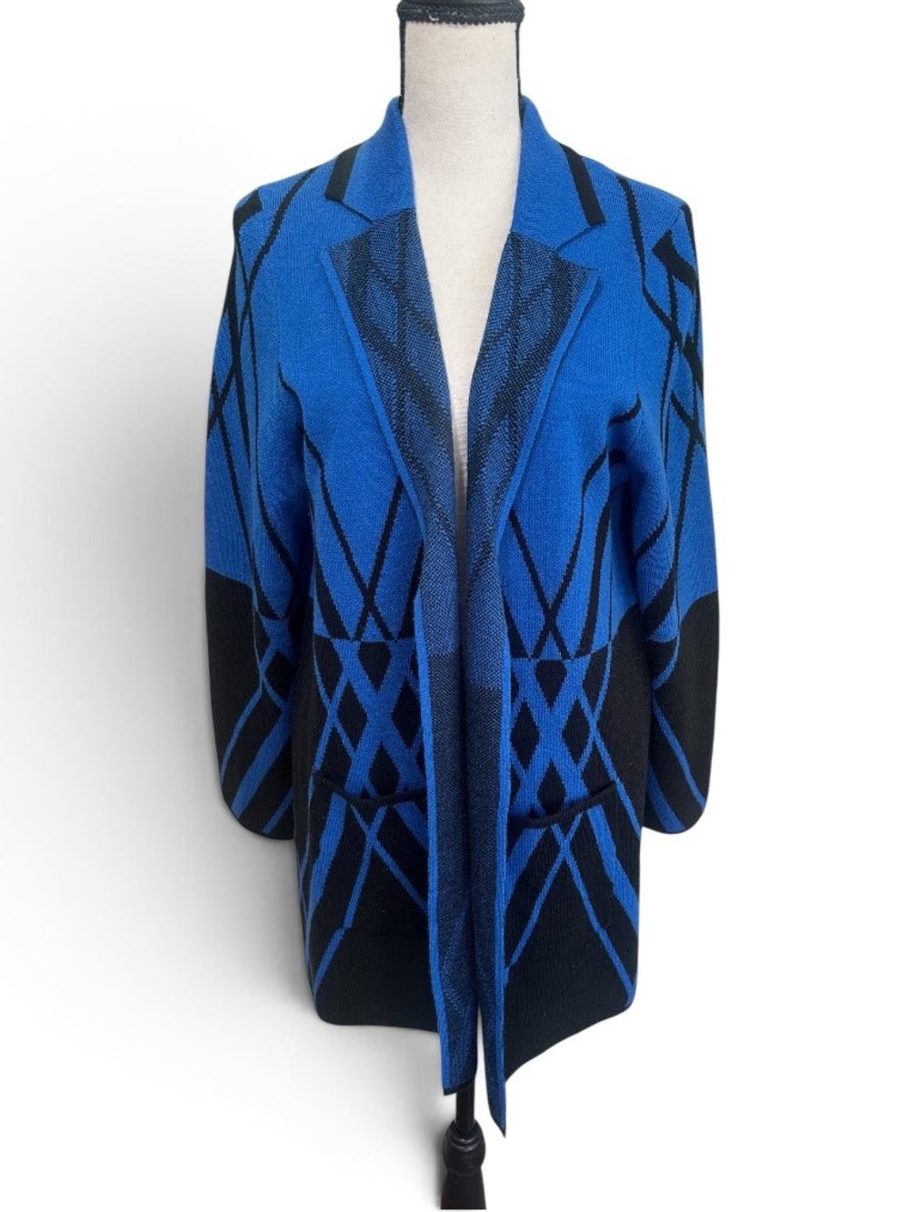 Investments Petites PL Blue Black Geometric Open Front Knit Cardigan Sweater